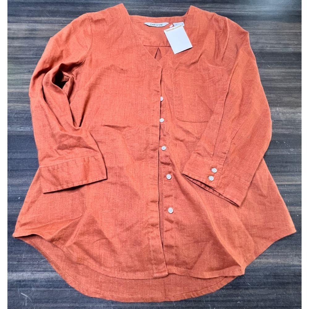Orvis Linen‎ Button-Up Top 3/4 Sleeve Casual Blouse Rust Orange Women's S